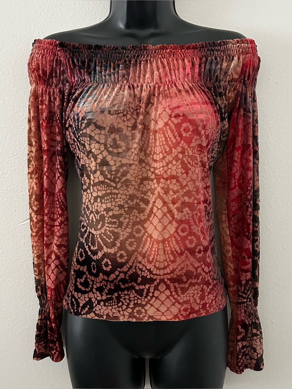 VTG Bebe Velvet Burnout Off The Shoulder Top Size S Made in France Boho Y2K 90s